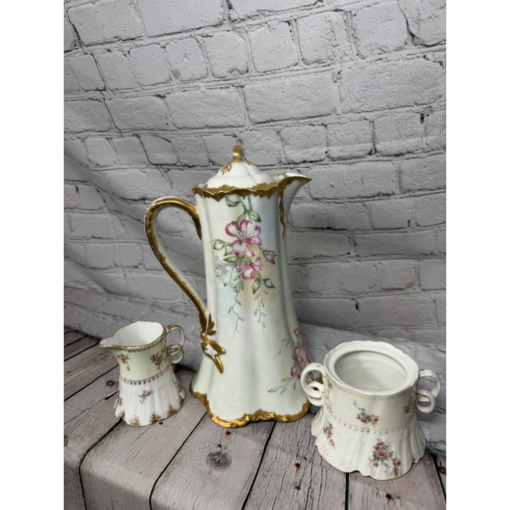 Antique CFH GDM Charles Field Haviland Limoges‎ France Chocolate Pot Set Floral - Picture 5 of 14